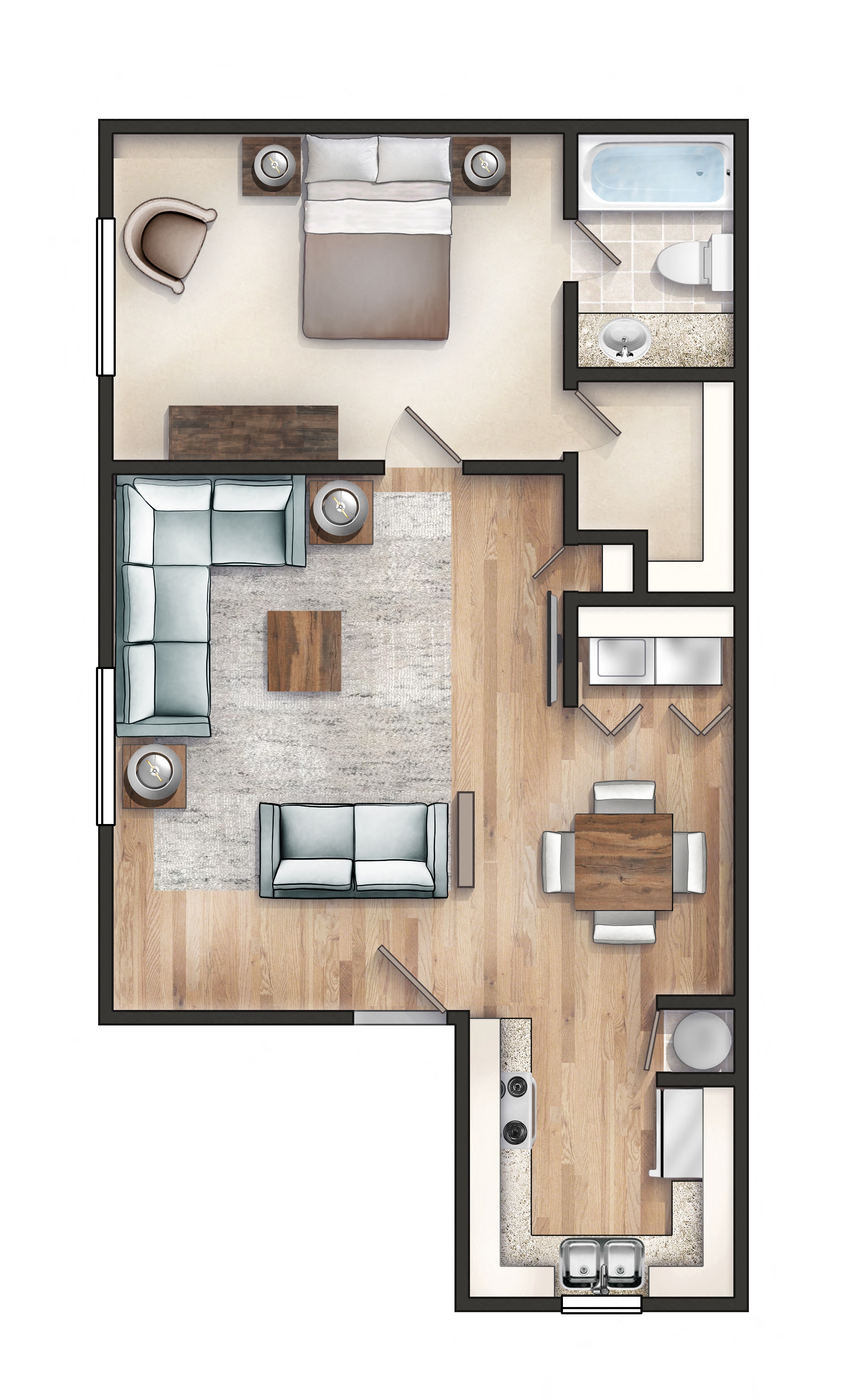 Floor plan for 1 bed, 1 bath, 701 sqft